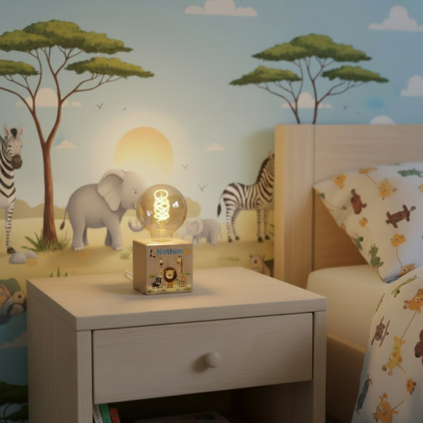 Lampa s filamentovou žárovkou s potiskem safari Lampa s filamentovou žárovkou s potiskem safari