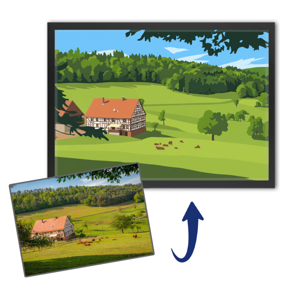 Portr&eacute;t domu ve stylu ploch&eacute;ho designu podle fotografie