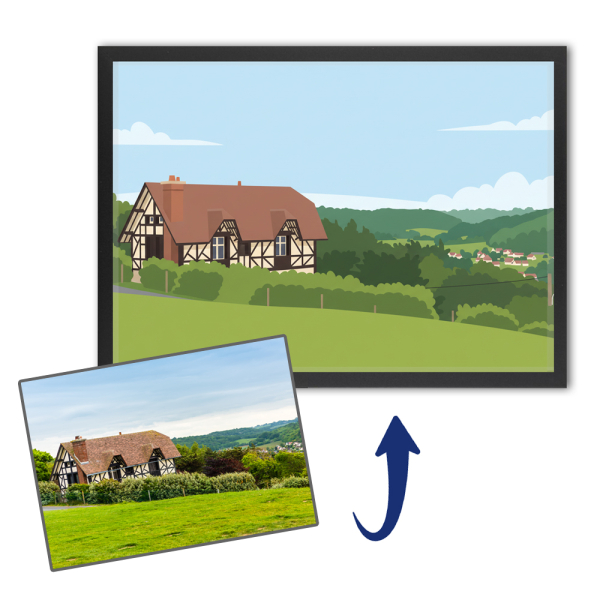 Portr&eacute;t domu ve stylu ploch&eacute;ho designu podle fotografie